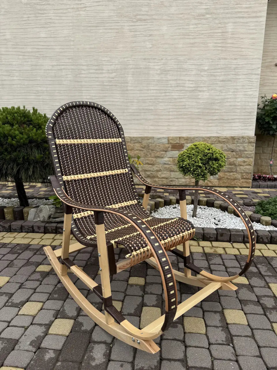Handmade Wicker Rocking Chair | Brown & Natural Rattan Armchair | Rustic Boho Furniture for Living Room, Patio or Porch