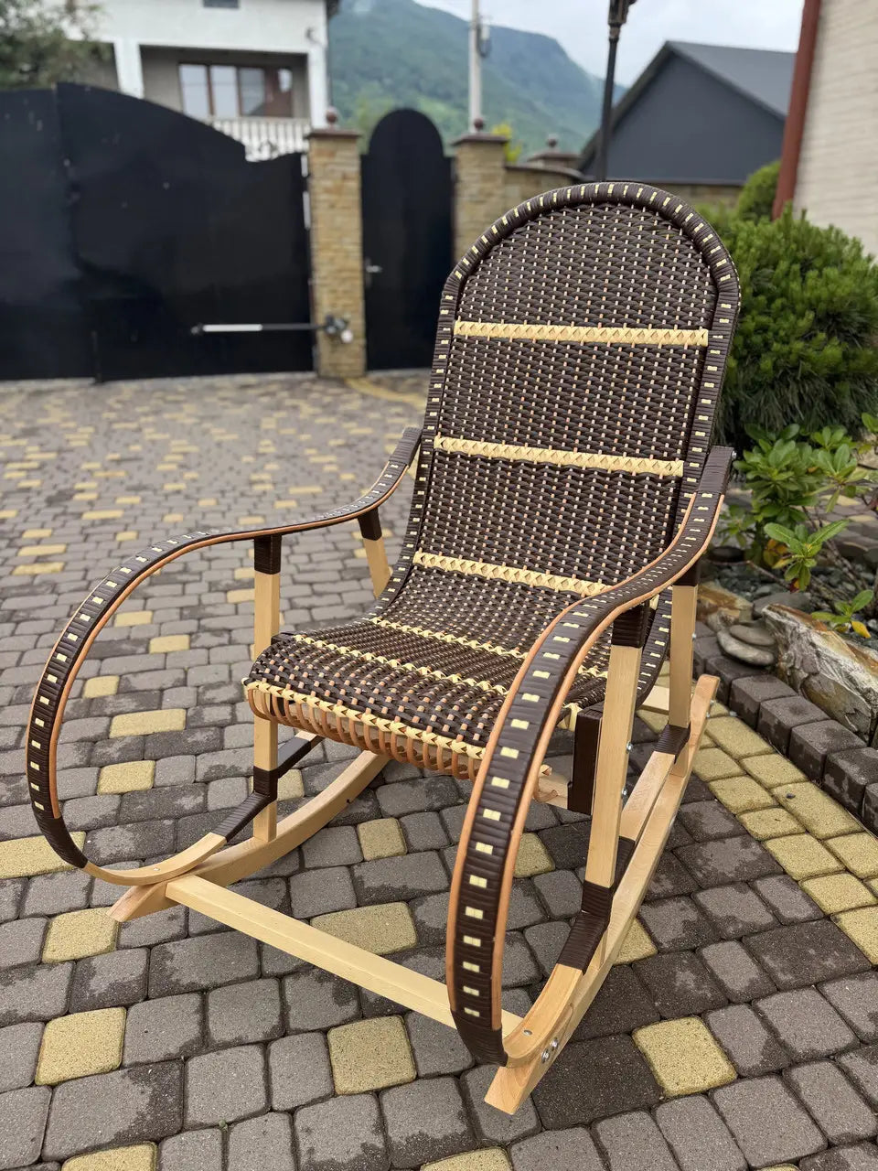 Handmade Wicker Rocking Chair | Brown & Natural Rattan Armchair | Rustic Boho Furniture for Living Room, Patio or Porch