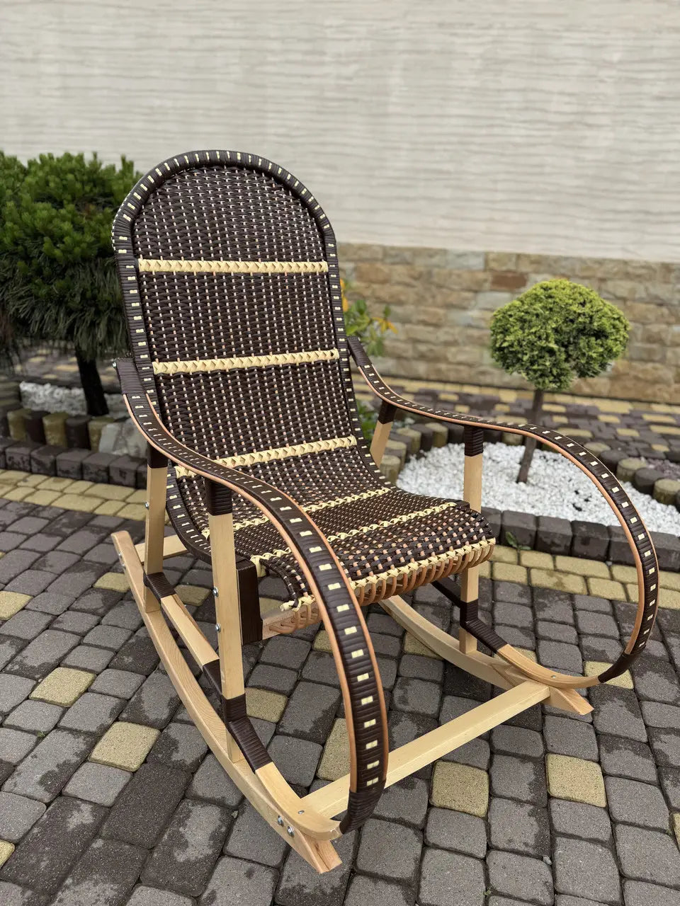 Handmade Wicker Rocking Chair | Brown & Natural Rattan Armchair | Rustic Boho Furniture for Living Room, Patio or Porch