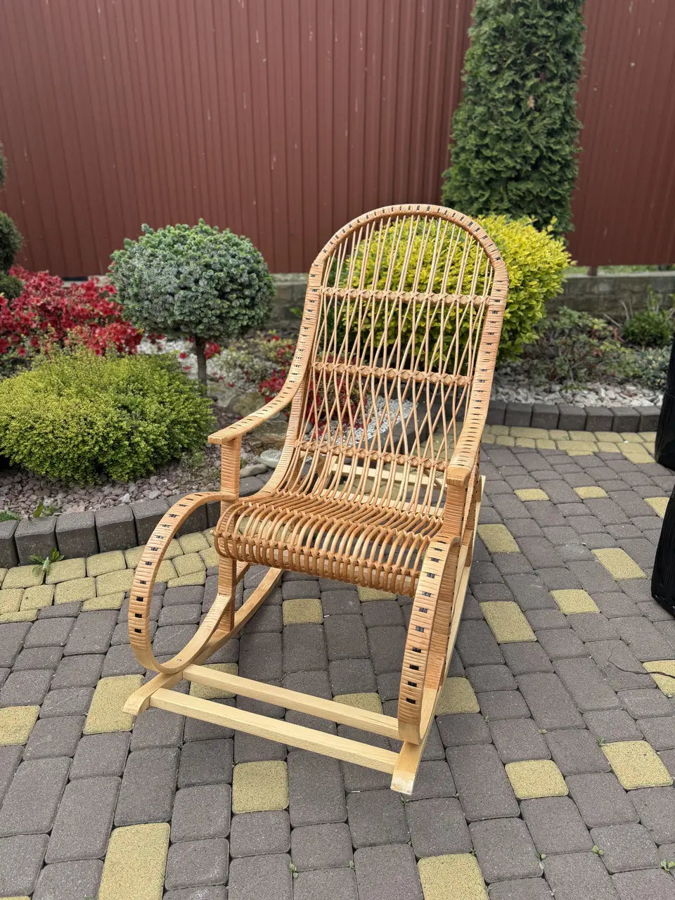 Handmade Wicker Rocking Chair | Natural Rattan & Wood Relaxing Armchair | Rustic Boho Furniture for Living Room, Patio or Porch