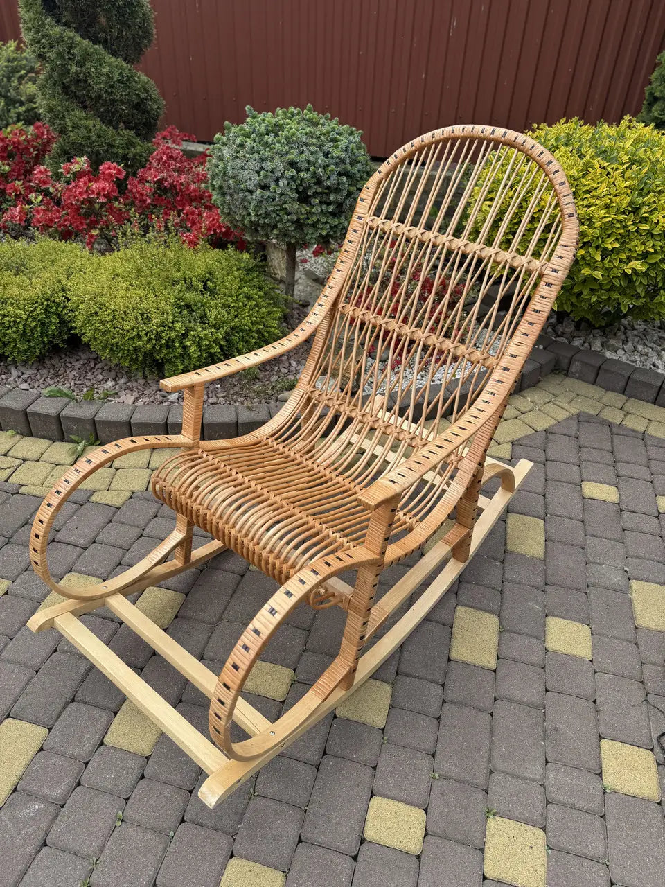 Handmade Wicker Rocking Chair | Natural Rattan & Wood Relaxing Armchair | Rustic Boho Furniture for Living Room, Patio or Porch