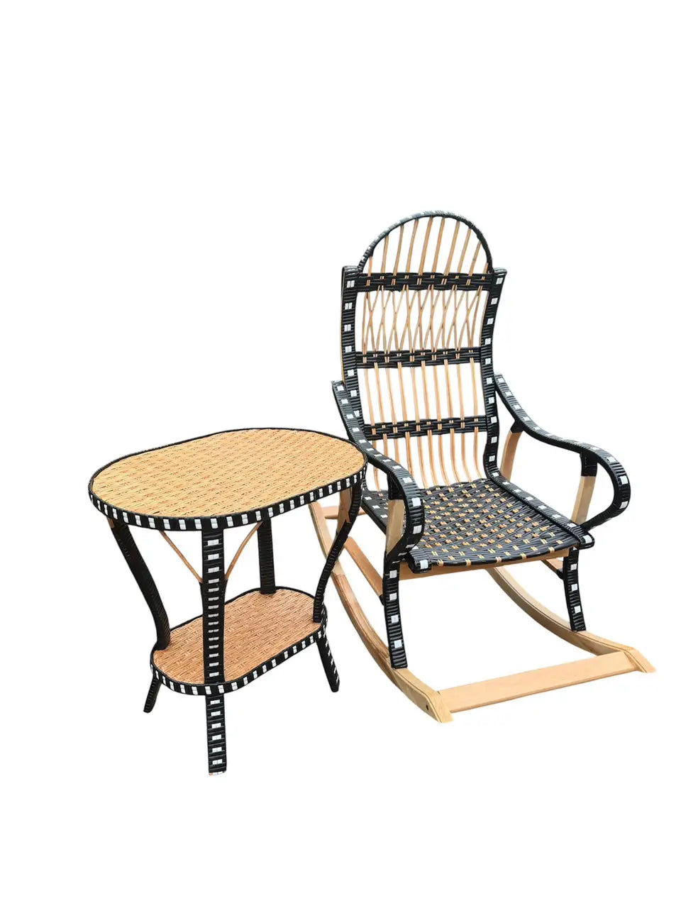 Handmade Wicker Rocking Chair with Side Table | Rattan & Wood Furniture Set | Rustic Boho Seating for Living Room, Patio or Porch