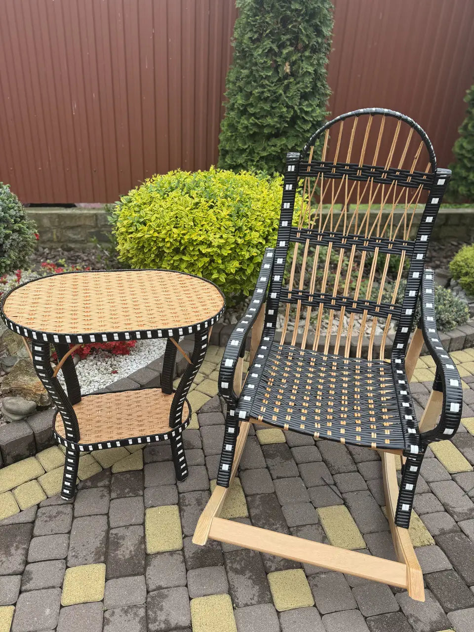 Handmade Wicker Rocking Chair with Side Table | Rattan & Wood Furniture Set | Rustic Boho Seating for Living Room, Patio or Porch