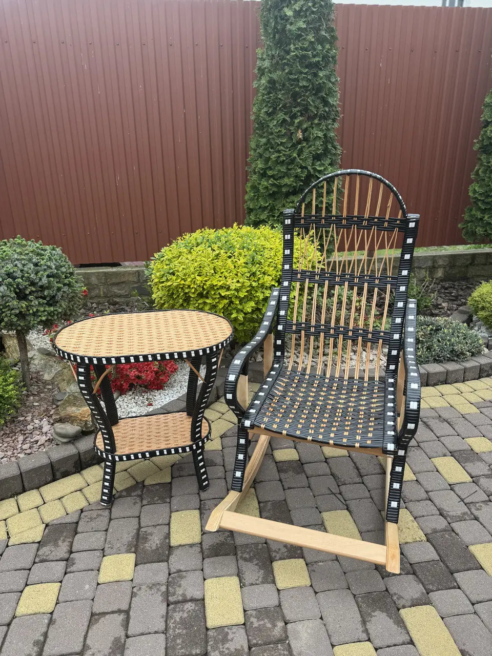 Handmade Wicker Rocking Chair with Side Table | Rattan & Wood Furniture Set | Rustic Boho Seating for Living Room, Patio or Porch