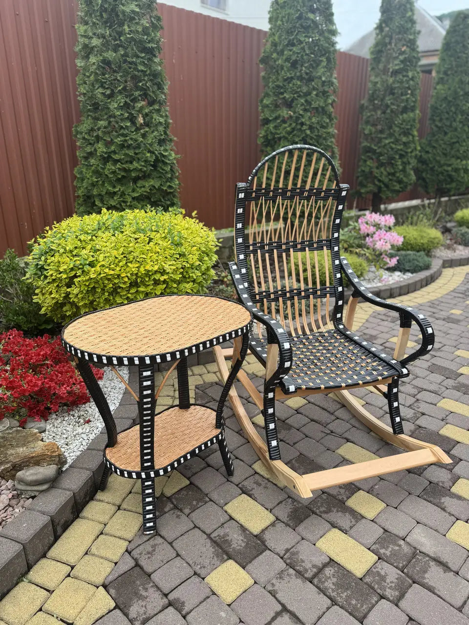 Handmade Wicker Rocking Chair with Side Table | Rattan & Wood Furniture Set | Rustic Boho Seating for Living Room, Patio or Porch