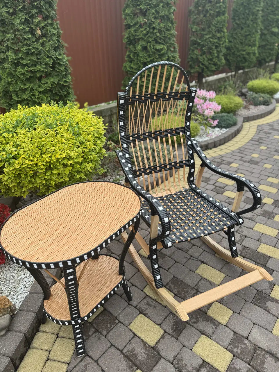 Handmade Wicker Rocking Chair with Side Table | Rattan & Wood Furniture Set | Rustic Boho Seating for Living Room, Patio or Porch