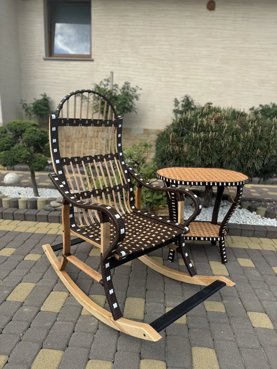 Handmade Rocking Chair with Side Table | Wicker, Wood & Rattan Lounge Set | Rustic Patio or Indoor Relax Furniture