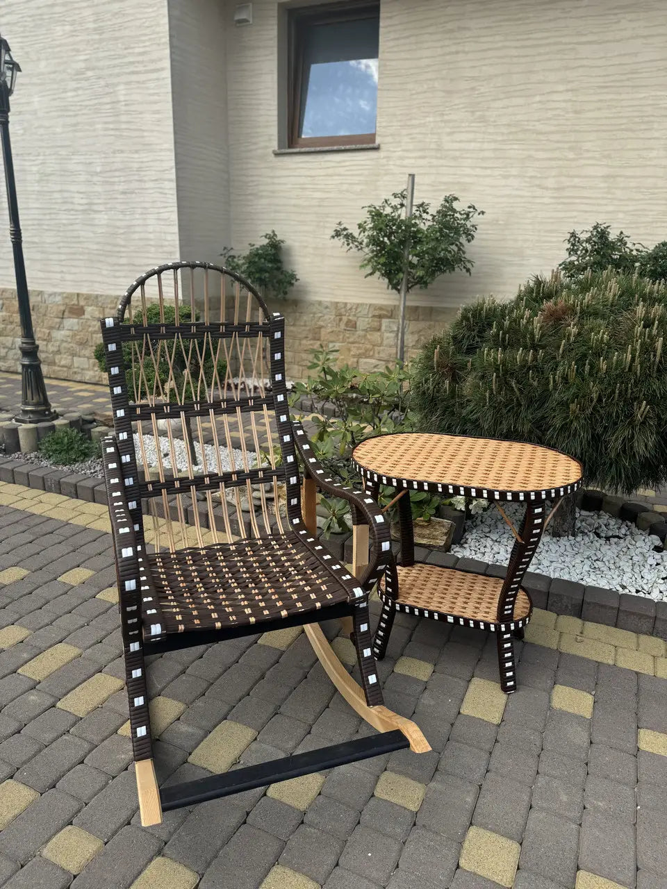 Handmade Rocking Chair with Side Table | Wicker, Wood & Rattan Lounge Set | Rustic Patio or Indoor Relax Furniture
