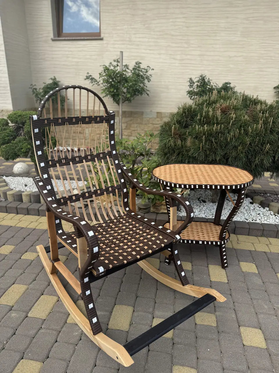 Handmade Rocking Chair with Side Table | Wicker, Wood & Rattan Lounge Set | Rustic Patio or Indoor Relax Furniture