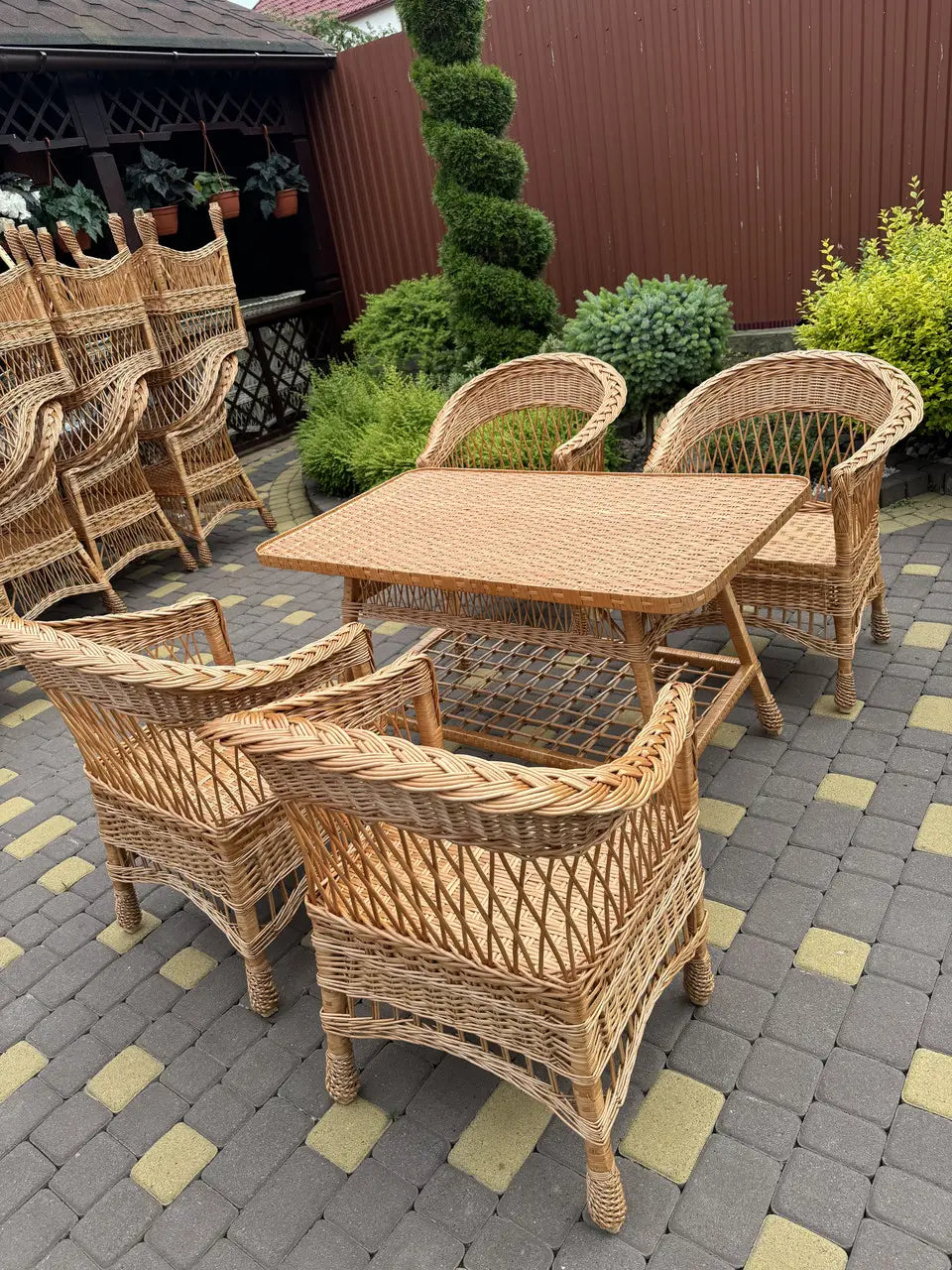 Handmade Wicker Furniture Set – 4 Chairs and Rectangular Table | Natural Rattan Patio & Garden Dining Set, Outdoor Terrace Furniture