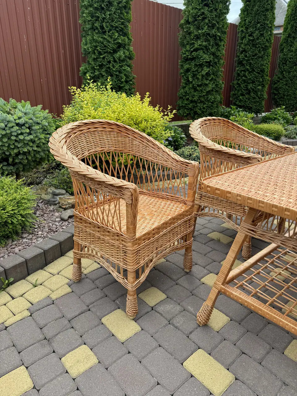 Handmade Wicker Furniture Set – 4 Chairs and Rectangular Table | Natural Rattan Patio & Garden Dining Set, Outdoor Terrace Furniture