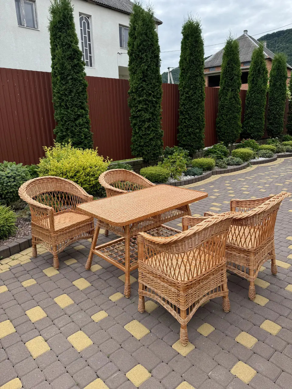Handmade Wicker Furniture Set – 4 Chairs and Rectangular Table | Natural Rattan Patio & Garden Dining Set, Outdoor Terrace Furniture