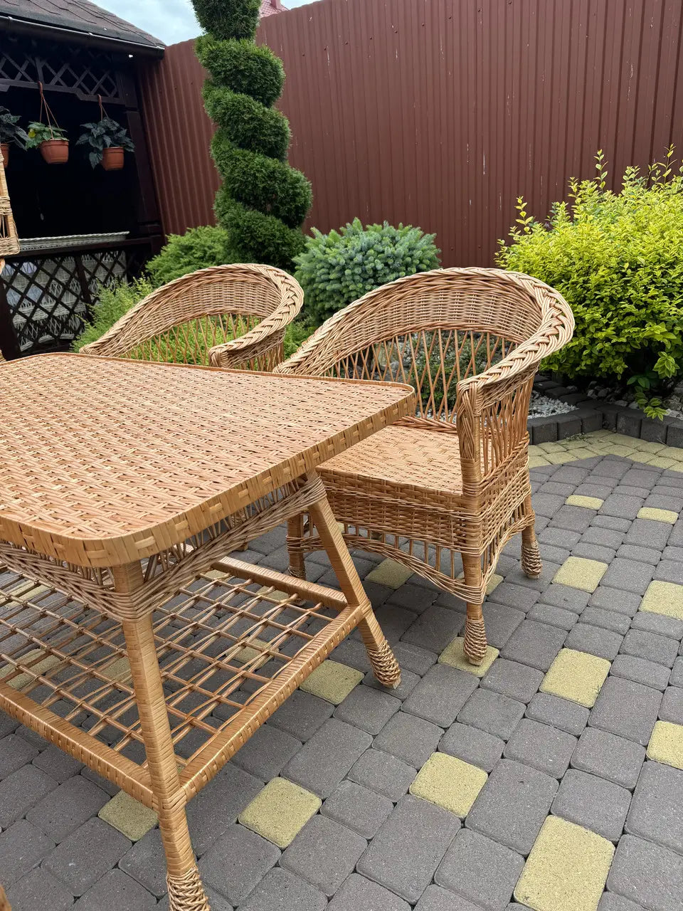 Handmade Wicker Furniture Set – 4 Chairs and Rectangular Table | Natural Rattan Patio & Garden Dining Set, Outdoor Terrace Furniture