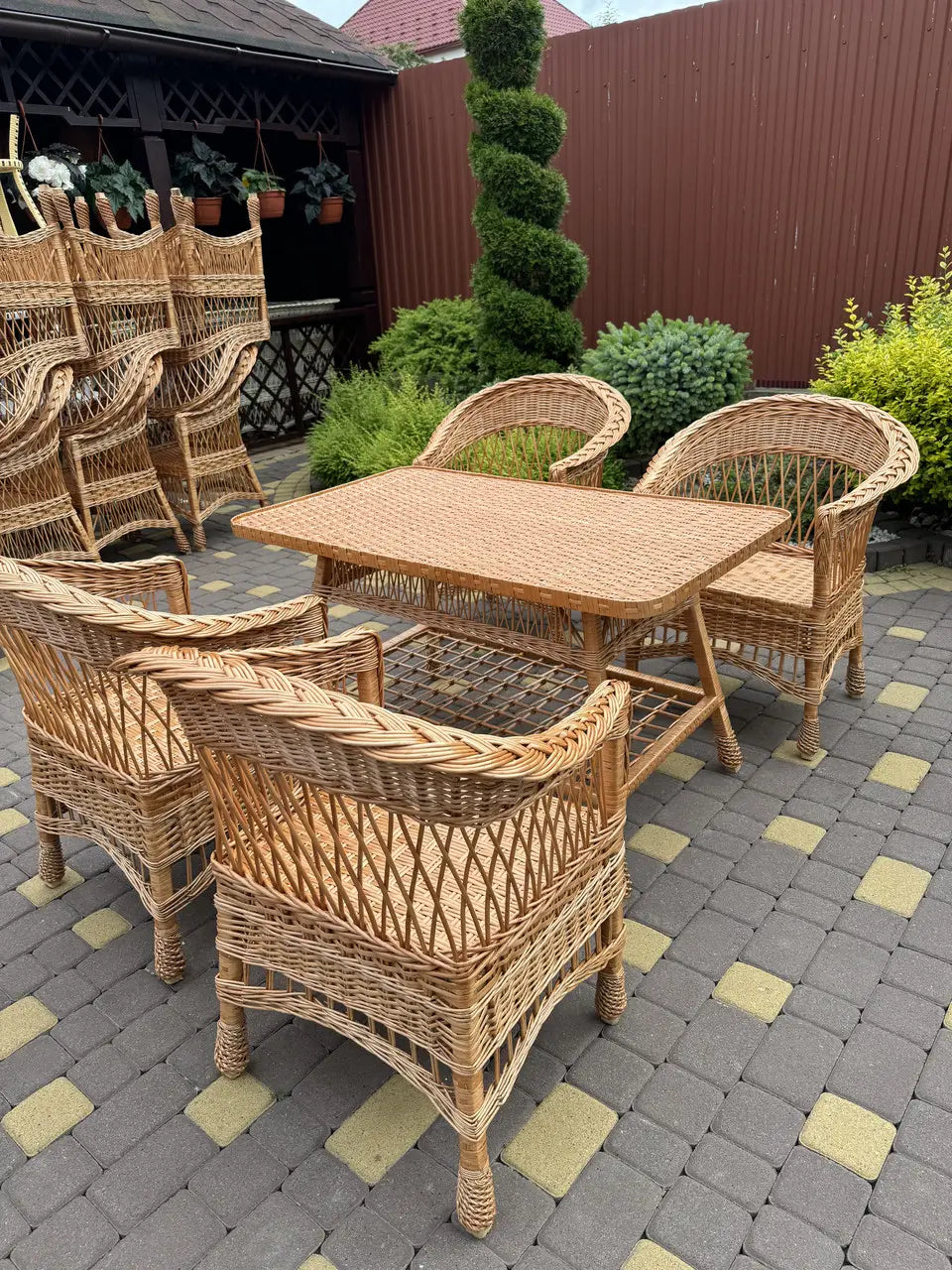 Handmade Wicker Furniture Set – 4 Chairs and Rectangular Table | Natural Rattan Patio & Garden Dining Set, Outdoor Terrace Furniture