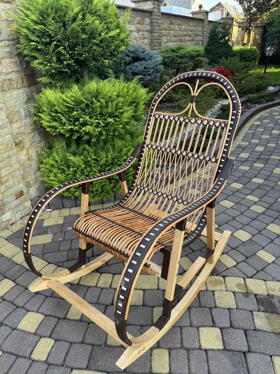 Handmade Wicker Rocking Chair | Natural Rattan & Wood Armchair | Rustic Boho Furniture for Living Room, Patio or Porch