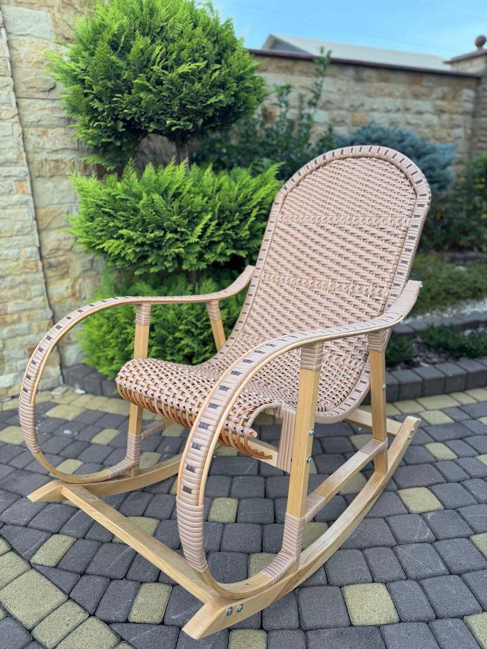 Handmade Wicker Rocking Chair | Rattan Armchair with Wooden Frame | Rustic Patio & Living Room Furniture