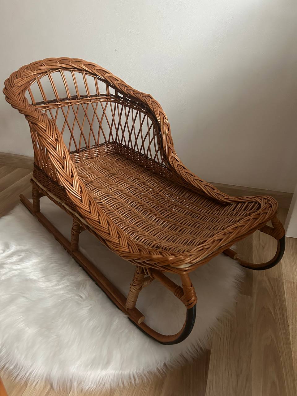 Handmade Wicker Sled with Cushion | Rattan Winter Sledge | Kids Pull Toy Vehicle