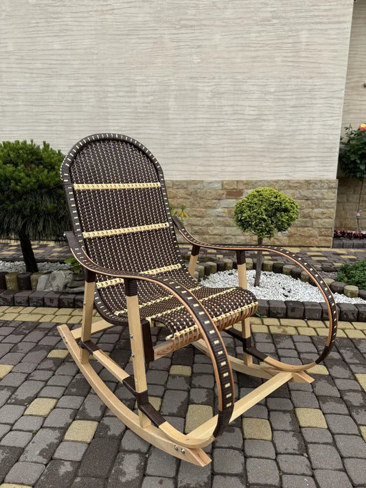Handmade Wicker Rocking Chair | Brown & Natural Rattan Armchair | Rustic Boho Furniture for Living Room, Patio or Porch