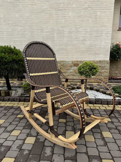 Handmade Wicker Rocking Chair | Brown & Natural Rattan Armchair | Rustic Boho Furniture for Living Room, Patio or Porch