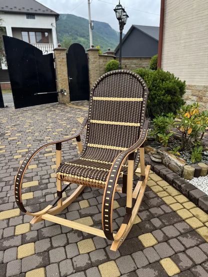Handmade Wicker Rocking Chair | Brown & Natural Rattan Armchair | Rustic Boho Furniture for Living Room, Patio or Porch