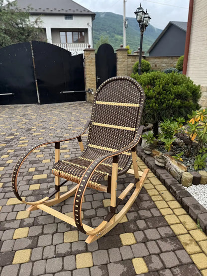 Handmade Wicker Rocking Chair | Brown & Natural Rattan Armchair | Rustic Boho Furniture for Living Room, Patio or Porch