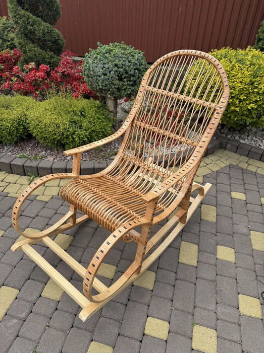 Handmade Wicker Rocking Chair | Natural Rattan & Wood Relaxing Armchair | Rustic Boho Furniture for Living Room, Patio or Porch