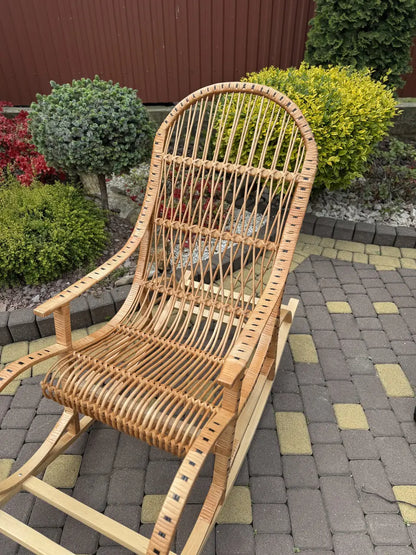 Handmade Wicker Rocking Chair | Natural Rattan & Wood Relaxing Armchair | Rustic Boho Furniture for Living Room, Patio or Porch