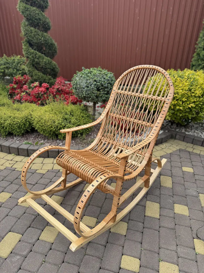 Handmade Wicker Rocking Chair | Natural Rattan & Wood Relaxing Armchair | Rustic Boho Furniture for Living Room, Patio or Porch