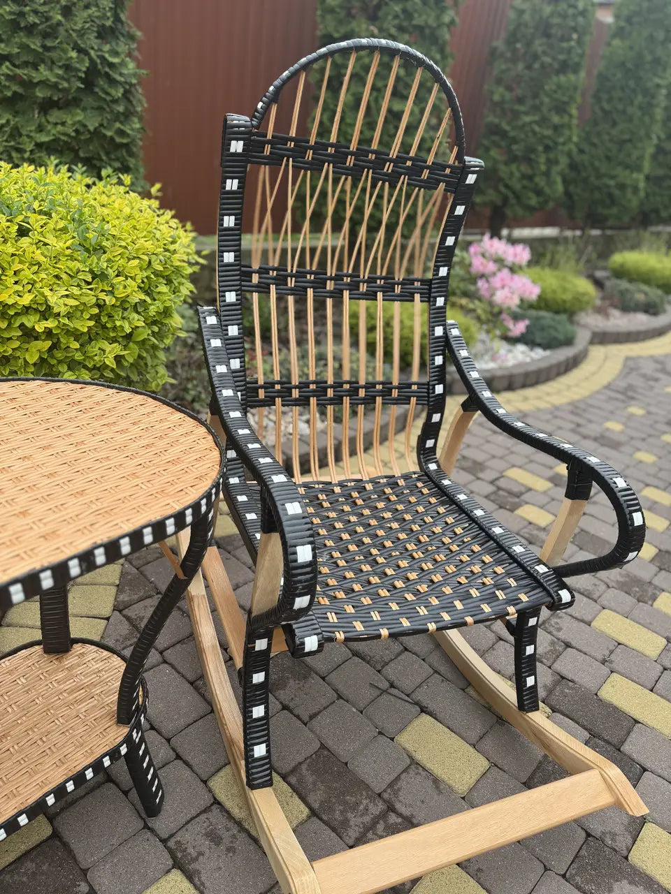 Handmade Wicker Rocking Chair with Side Table | Rattan & Wood Furniture Set | Rustic Boho Seating for Living Room, Patio or Porch