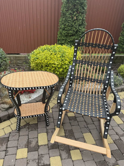 Handmade Wicker Rocking Chair with Side Table | Rattan & Wood Furniture Set | Rustic Boho Seating for Living Room, Patio or Porch