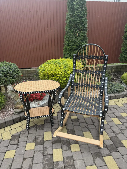 Handmade Wicker Rocking Chair with Side Table | Rattan & Wood Furniture Set | Rustic Boho Seating for Living Room, Patio or Porch