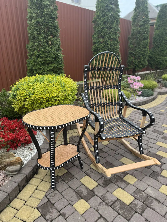 Handmade Wicker Rocking Chair with Side Table | Rattan & Wood Furniture Set | Rustic Boho Seating for Living Room, Patio or Porch