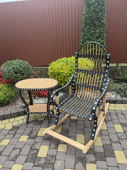 Handmade Wicker Rocking Chair with Side Table | Rattan & Wood Furniture Set | Rustic Boho Seating for Living Room, Patio or Porch