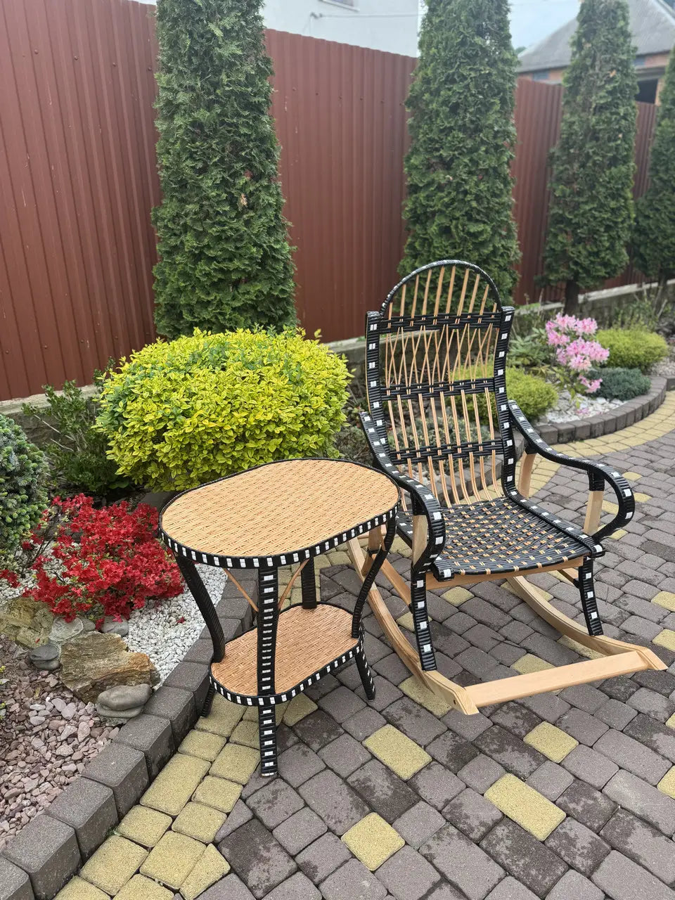 Handmade Wicker Rocking Chair with Side Table | Rattan & Wood Furniture Set | Rustic Boho Seating for Living Room, Patio or Porch