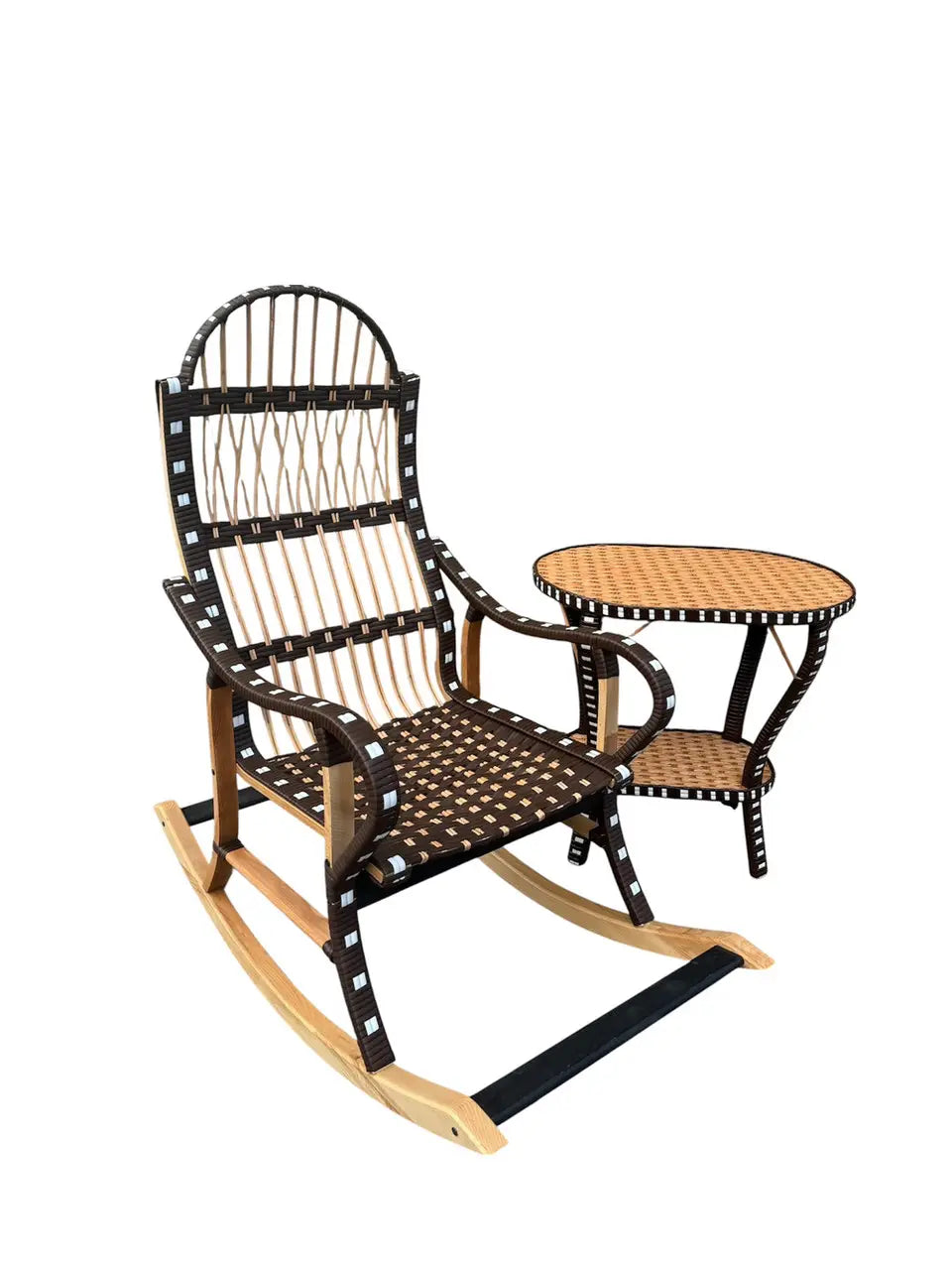 Handmade Rocking Chair with Side Table | Wicker, Wood & Rattan Lounge Set | Rustic Patio or Indoor Relax Furniture