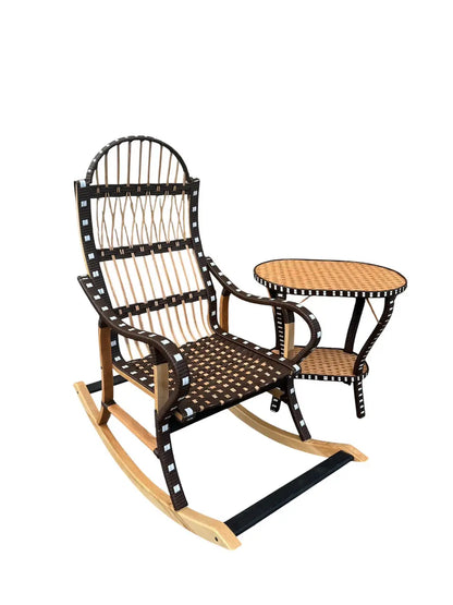 Handmade Rocking Chair with Side Table | Wicker, Wood & Rattan Lounge Set | Rustic Patio or Indoor Relax Furniture