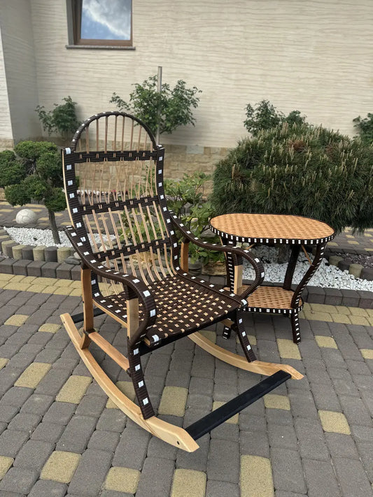 Handmade Rocking Chair with Side Table | Wicker, Wood & Rattan Lounge Set | Rustic Patio or Indoor Relax Furniture