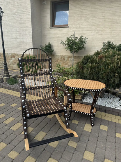 Handmade Rocking Chair with Side Table | Wicker, Wood & Rattan Lounge Set | Rustic Patio or Indoor Relax Furniture