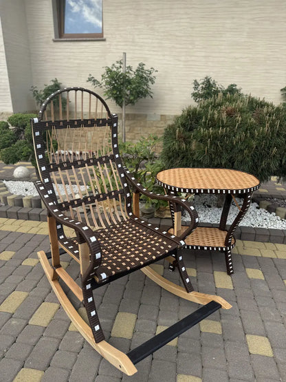 Handmade Rocking Chair with Side Table | Wicker, Wood & Rattan Lounge Set | Rustic Patio or Indoor Relax Furniture