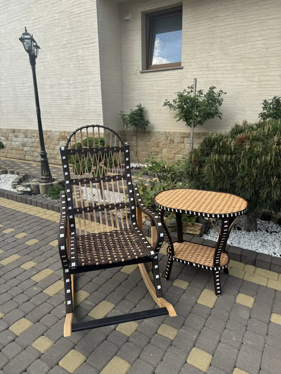 Handmade Rocking Chair with Side Table | Wicker, Wood & Rattan Lounge Set | Rustic Patio or Indoor Relax Furniture
