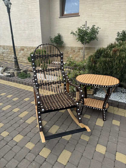 Handmade Rocking Chair with Side Table | Wicker, Wood & Rattan Lounge Set | Rustic Patio or Indoor Relax Furniture