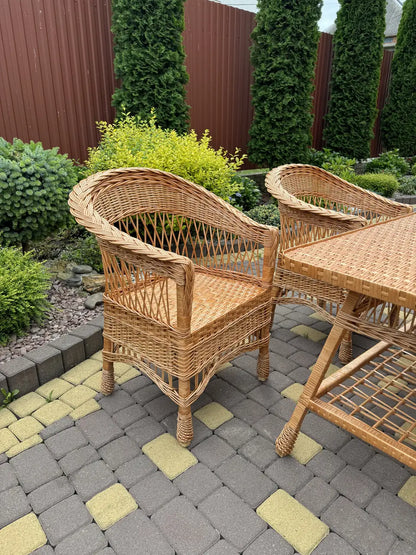 Handmade Wicker Furniture Set – 4 Chairs and Rectangular Table | Natural Rattan Patio & Garden Dining Set, Outdoor Terrace Furniture