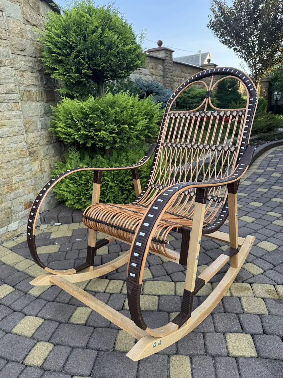 Handmade Wicker Rocking Chair | Natural Rattan & Wood Armchair | Rustic Boho Furniture for Living Room, Patio or Porch