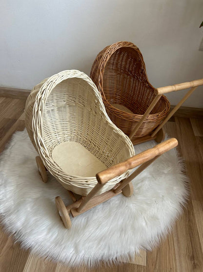 Handmade Wicker Doll Pram | Rattan Doll Stroller with Bedding | Baby Doll Carriage | Toddler Wicker Stroller | Boho Nursery Decor