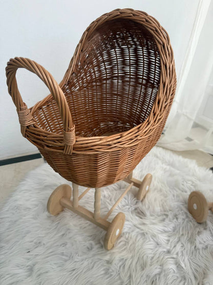 Handmade Wicker Doll Pram | Rattan Doll Stroller with Bedding | Baby Doll Carriage | Toddler Wicker Stroller | Boho Nursery Decor