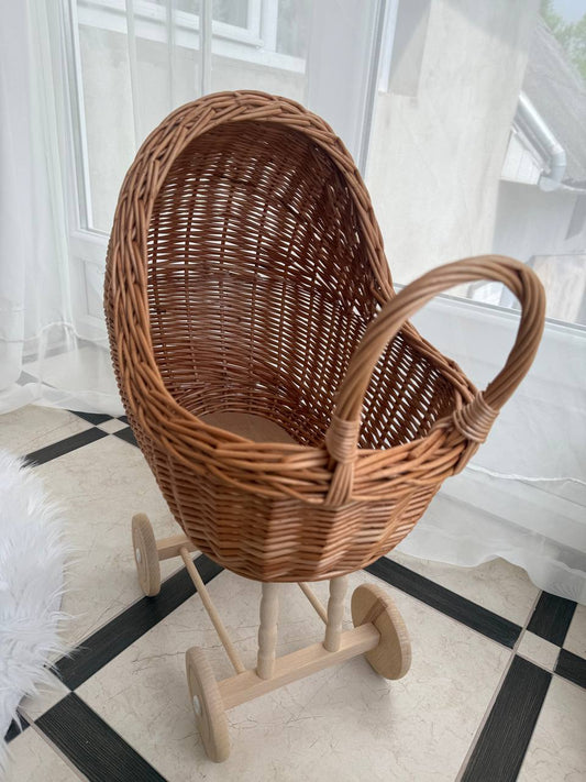 Handmade Wicker Doll Pram | Rattan Doll Stroller with Bedding | Baby Doll Carriage | Toddler Wicker Stroller | Boho Nursery Decor
