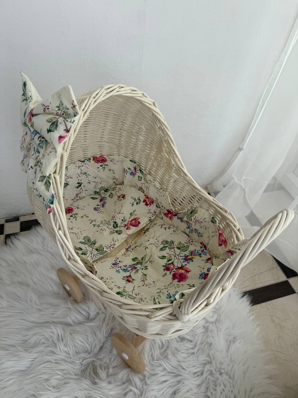 Handmade Wicker Doll Pram | Rattan Doll Stroller with Bedding | Baby Doll Carriage | Toddler Wicker Stroller | Boho Nursery Decor