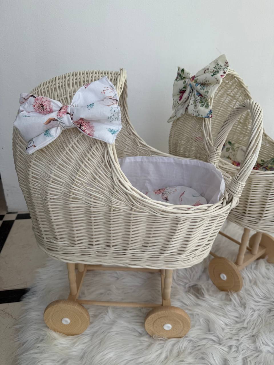 Handmade Wicker Doll Pram | Rattan Doll Stroller with Bedding | Baby Doll Carriage | Toddler Wicker Stroller | Boho Nursery Decor
