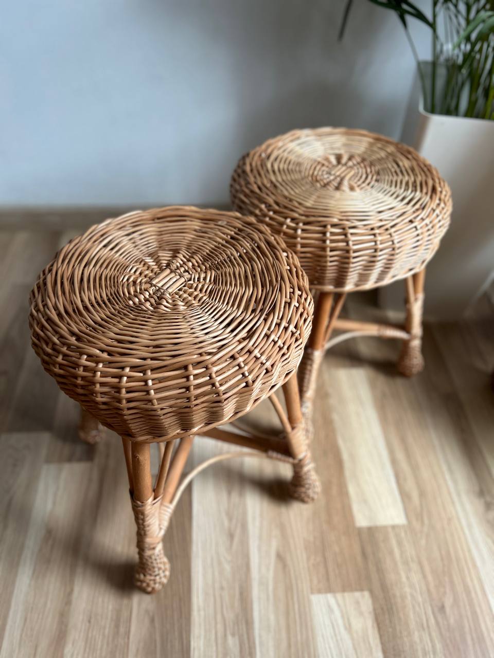 Handmade Wicker Stool | Rattan Plant Stand | Boho Side Table | Rustic Farmhouse Home & Garden Decor