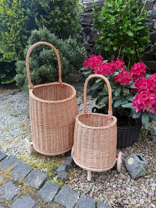 Handmade Wicker Basket on Wheels | Rolling Storage Cart | Rustic Rattan Laundry & Toy Organizer